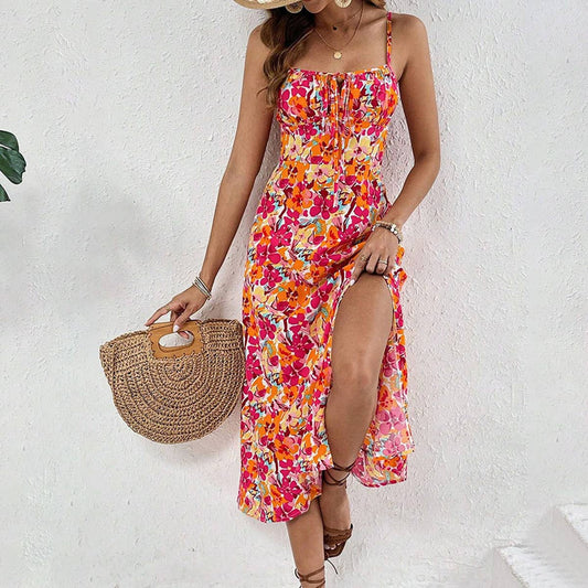 Casual vacation style printed halter slit dress