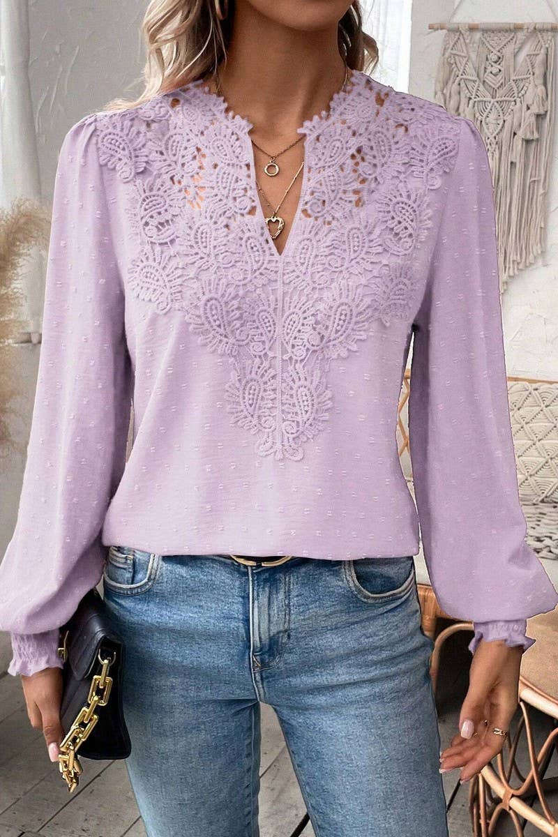 CWTTL2006_V-NECK LACE SOLID COLOR LONG-SLEEVED CASUAL TOP