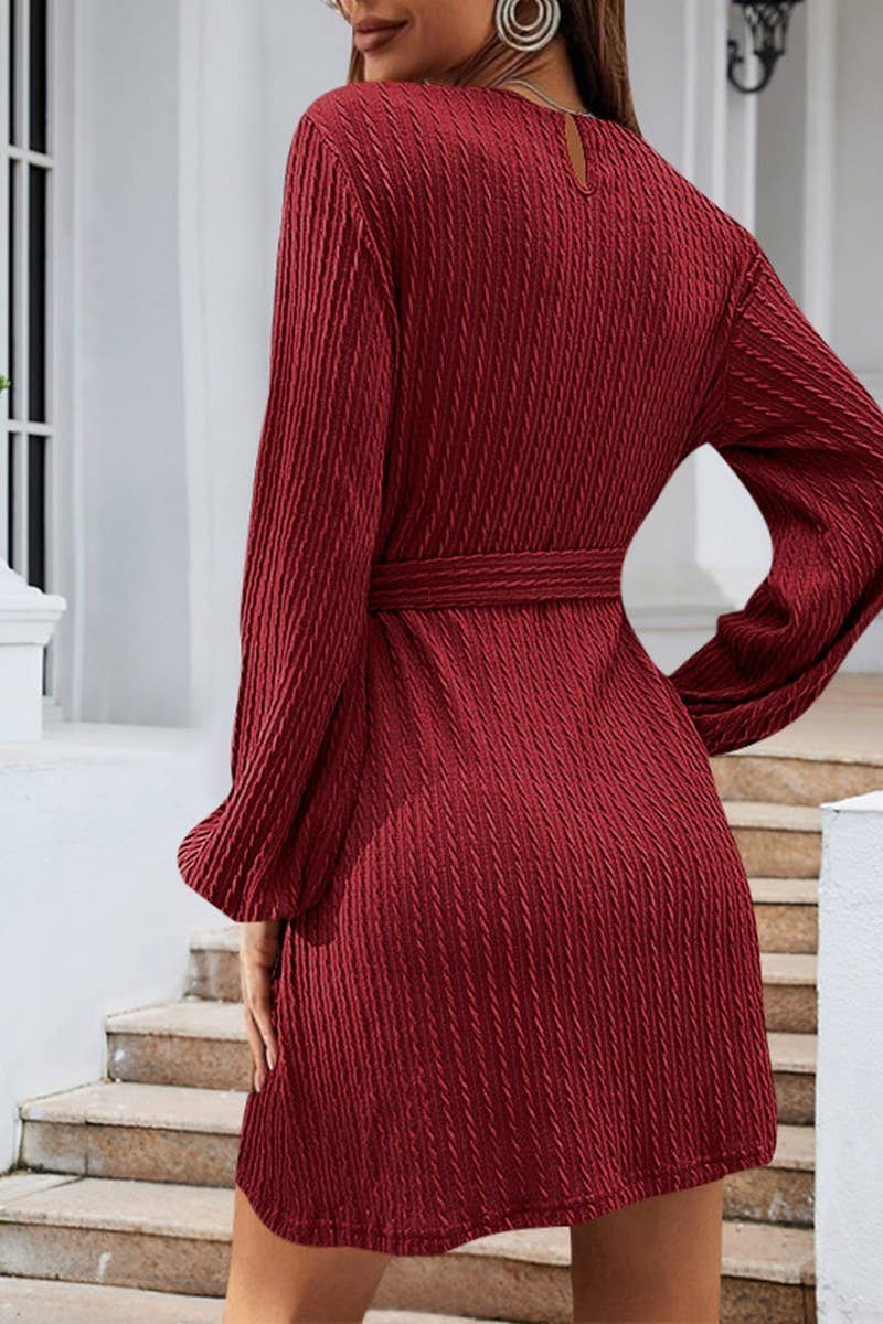 CWDSD7222_NEW STYLE CABLE KNITTED PUFF SLEEVE CASUAL DRESS