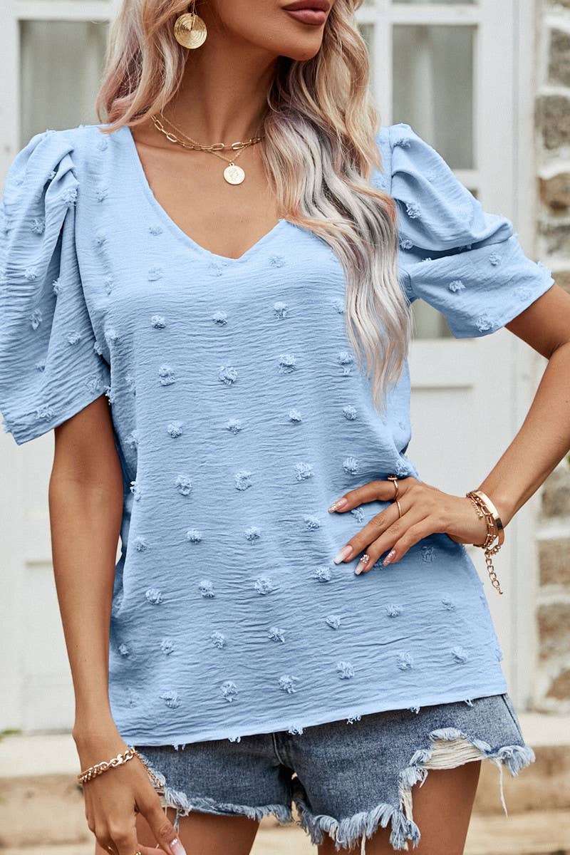 CWTBLS0358_V-Neck Short Puff Sleeve Blouse