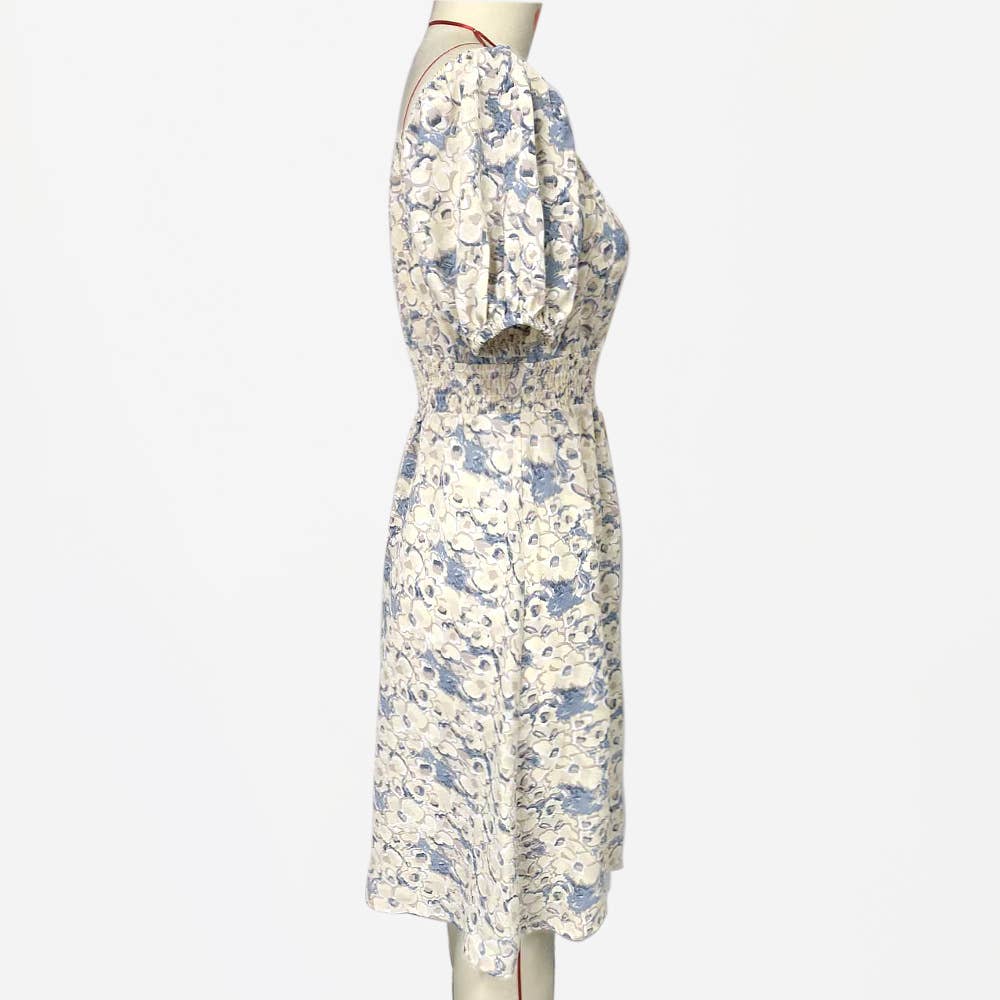 Crew neck print slim-fit dress with puffy sleeves