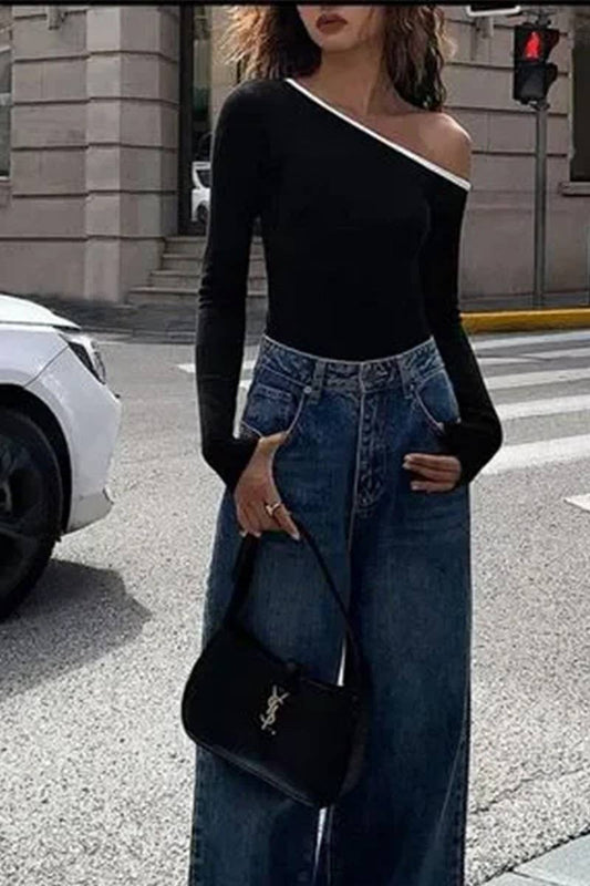 CWTBLL3438_OFF-SHOULDER LONG-SLEEVED T-SHIRT TOP