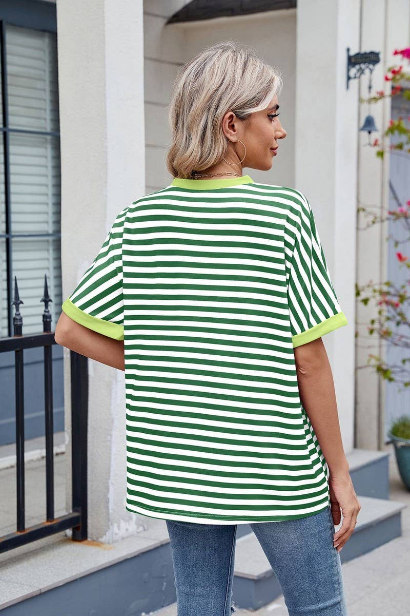 CWTTS1299_LOOSE STRIPED COLORBLOCK CREW NECK T-SHIRT TOP