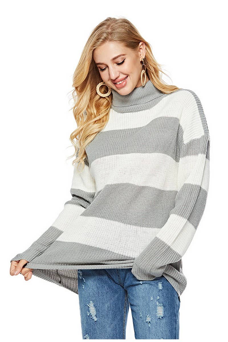 CWOSWL2697_CASUAL STRIPED TURTLENECK KNIT PULLOVER