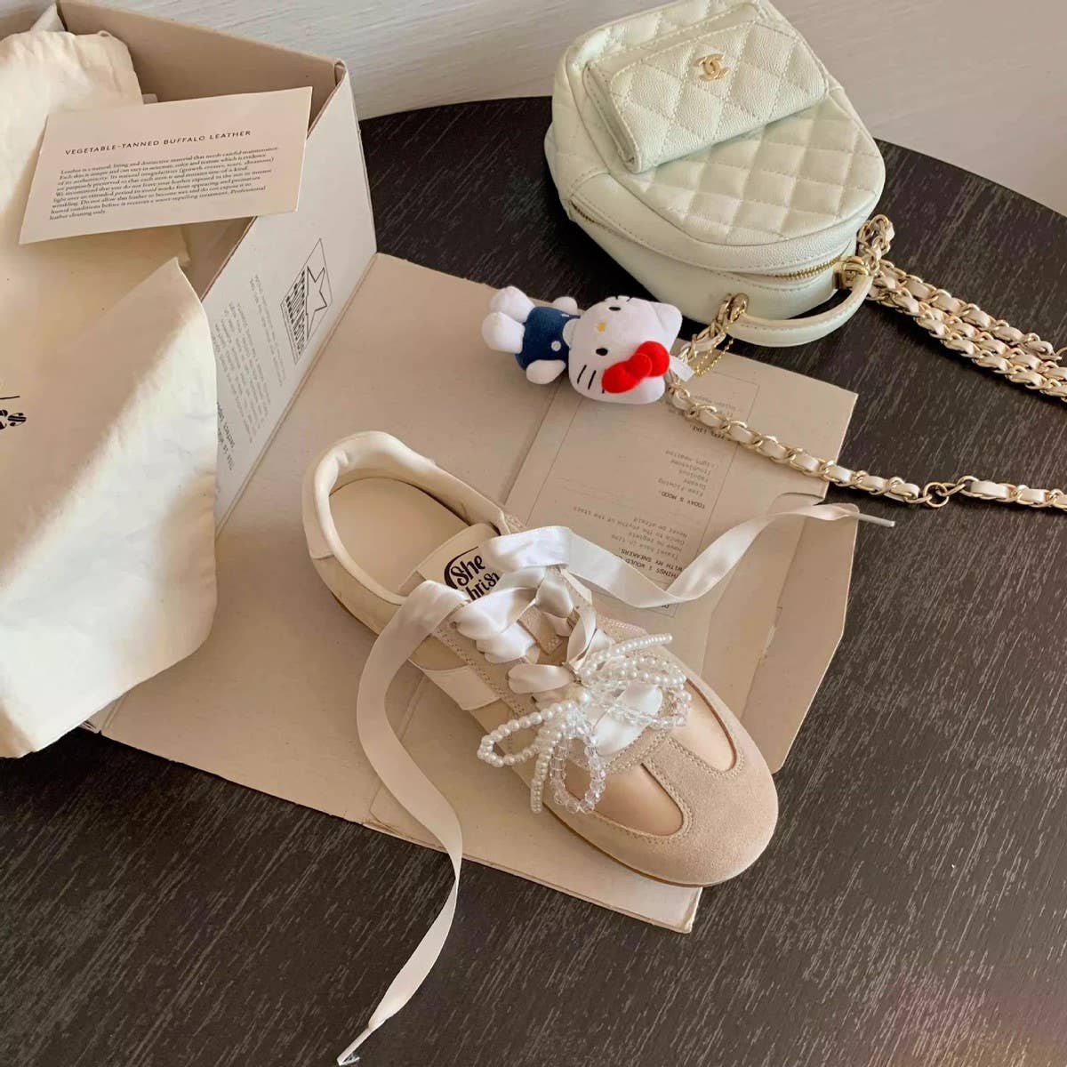 Satin Ballet Sneakers with Pearl Ribbon Trim