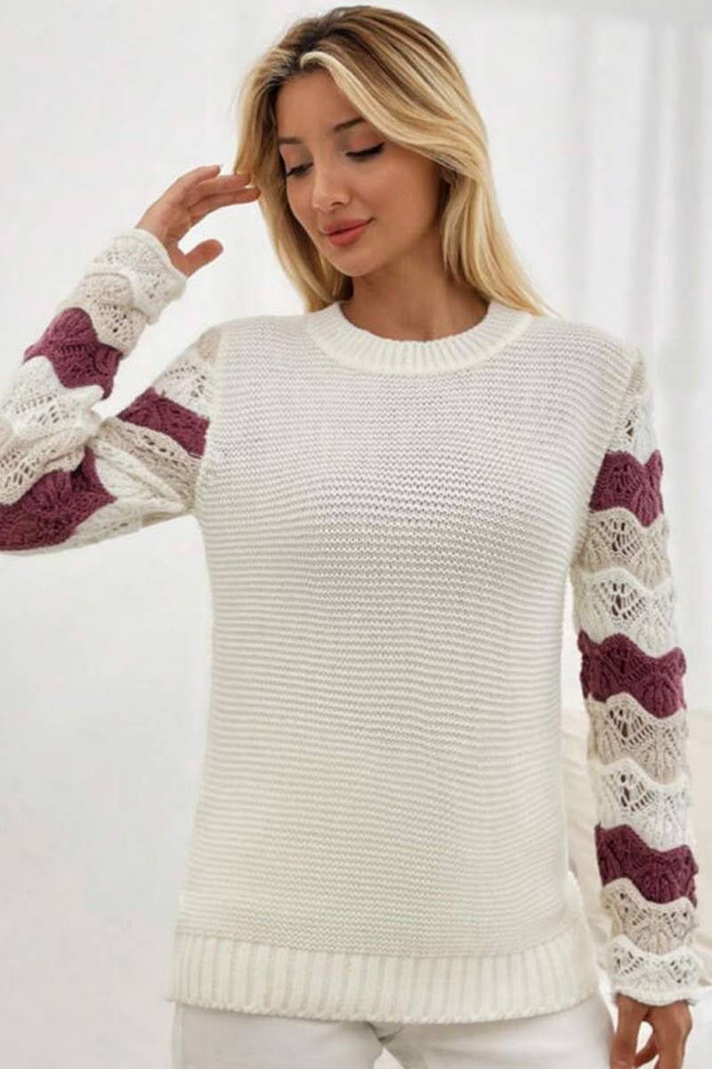 CWOSWL07359_LOOSE KNIT STRIPE COLORBLOCK HOLLOW SLEEVE TOP