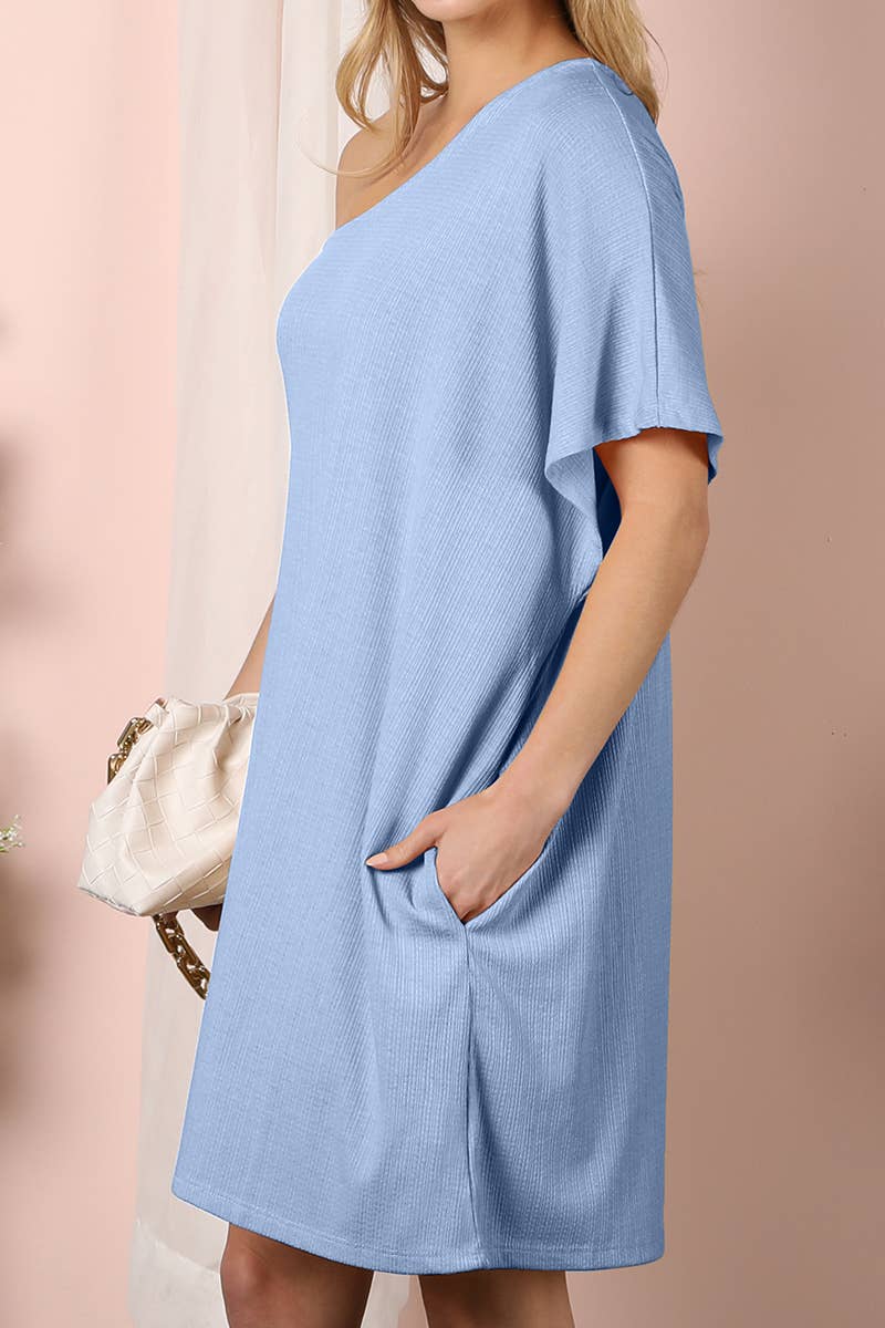 CWDSD10361_ SOFT ONE SHOULDER WITH SIDE POCKET SUMMER DRESS