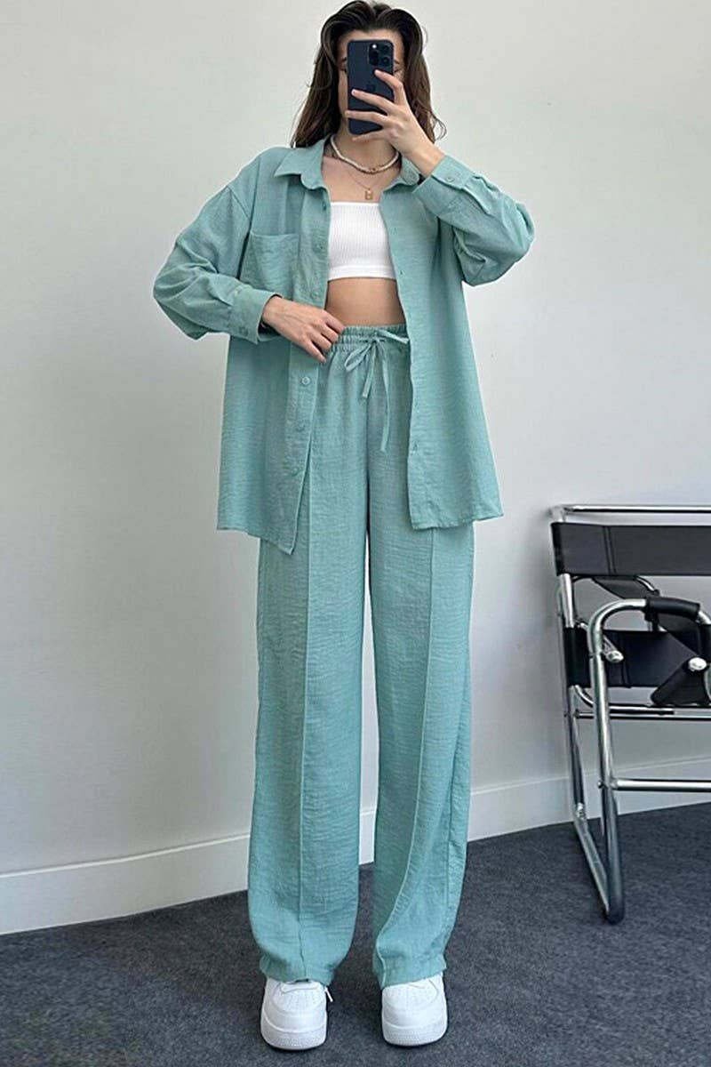 CWSS1061_WOMEN'S LOOSE LONG-SLEEVED SHIRT TWO-PIECE SUIT