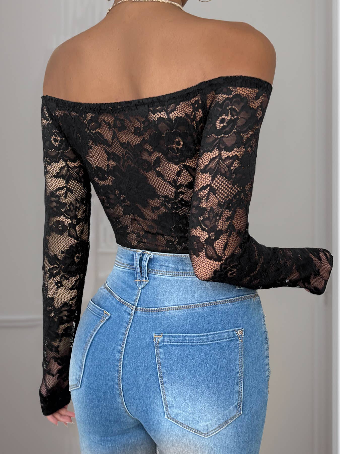 Elegant sexy lace patchwork solid color bodysuit