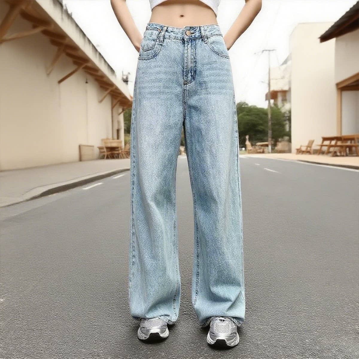 American street blue loose wide-leg jeans