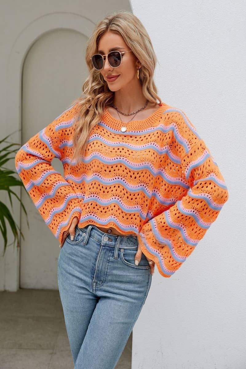 CWOSWL603 Flare Sleeved Round neck Hollowed Out Sweater