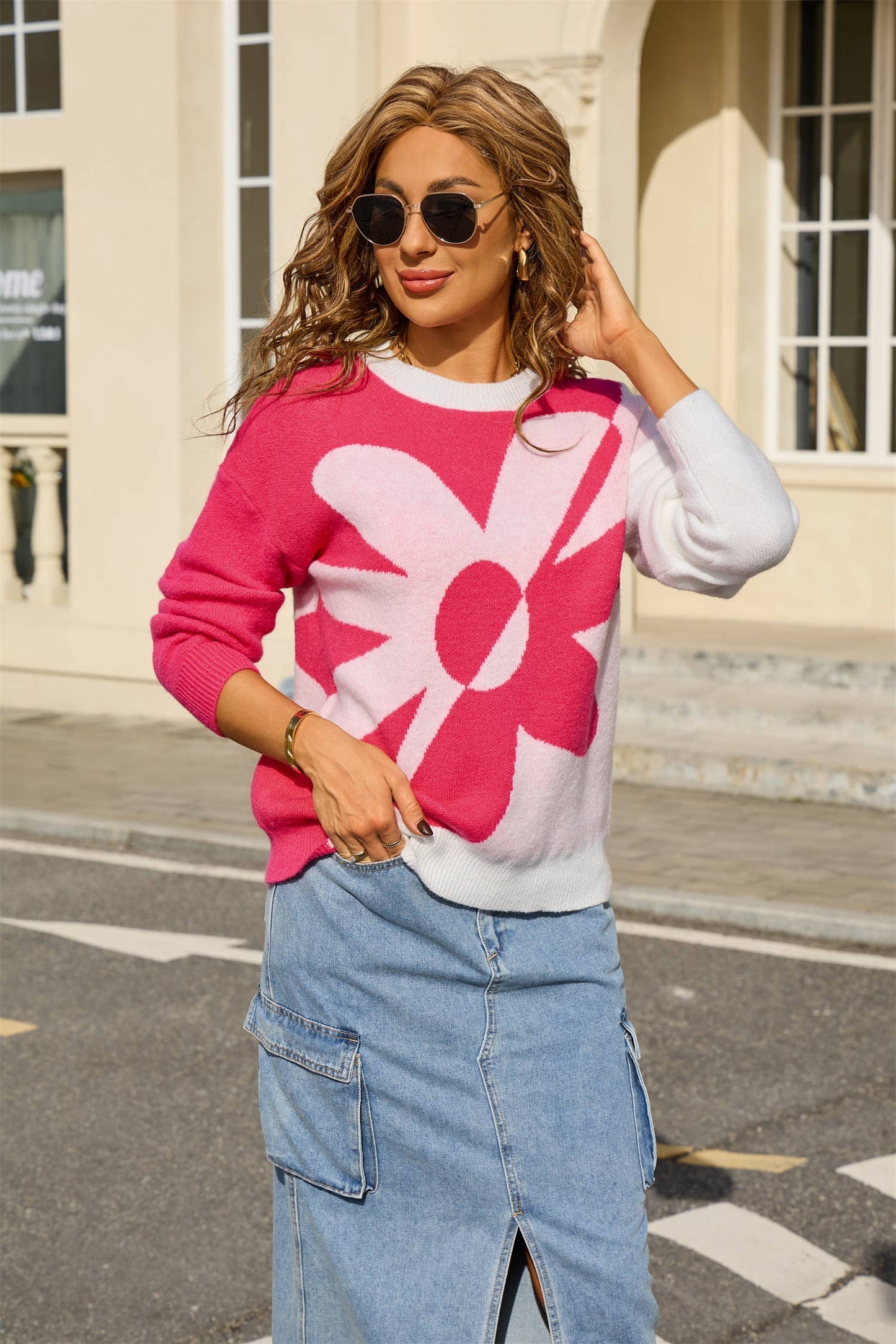Floral color-blocking knitted pullover sweater