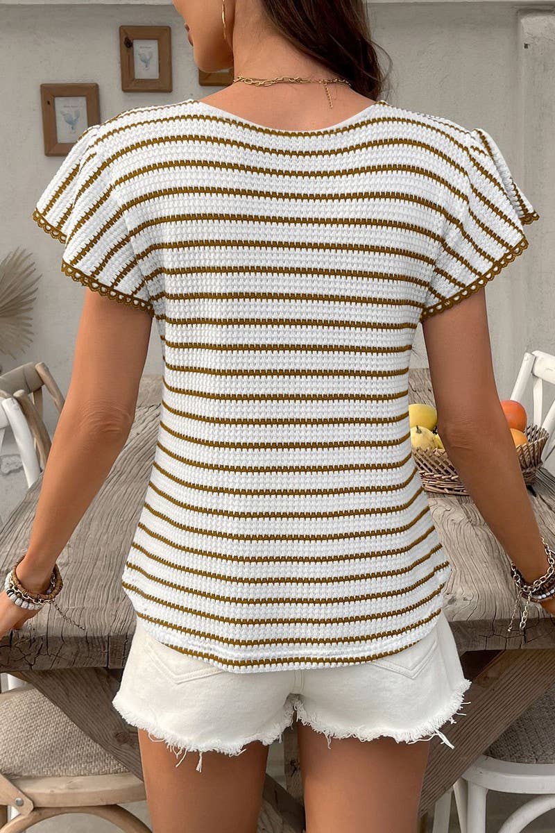 CWTTS1359_SUMMER LACE ROUND NECK STRIPED SHORT SLEEVE TOP