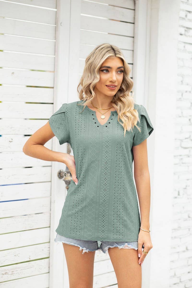 CWTTS0866_V-Neck Short Sleeve Blouse