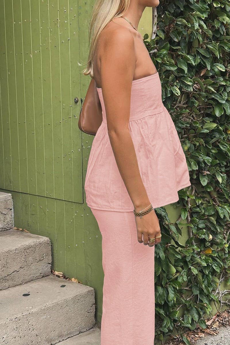 CWSTB00446_CASUAL STRAPLESS TOP AND STRAIGHT PANTS SET