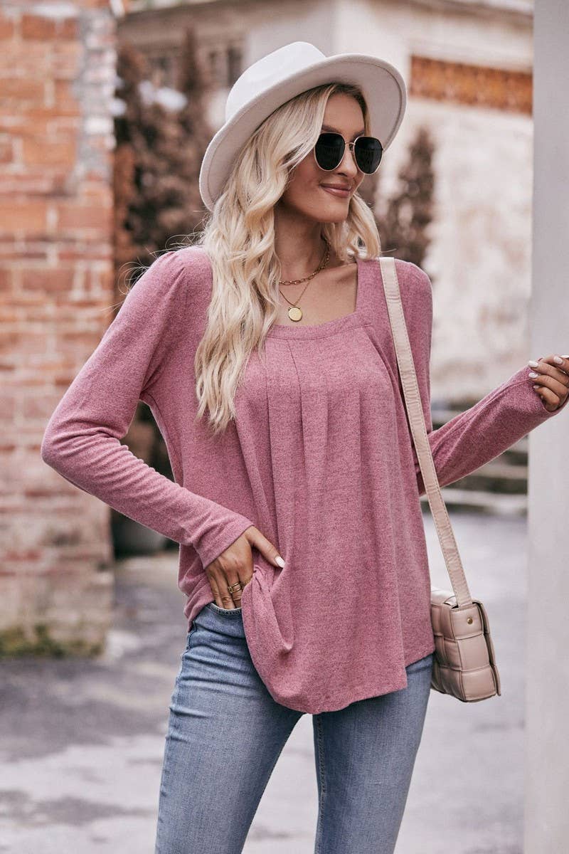 CWTBLL1836_PUFF SLEEVE SQUARE NECK PLEATED LONG SLEEVE TOP