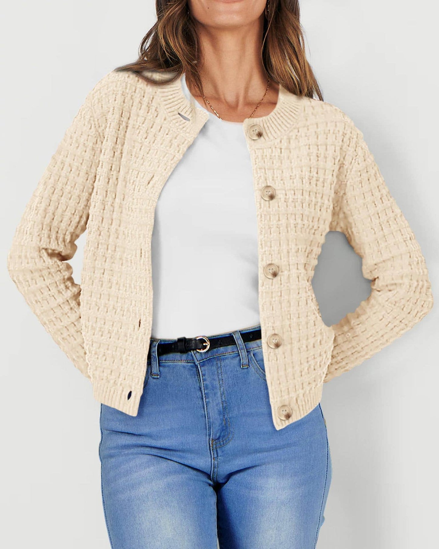 CREW-NECK BASIC SLIM-FIT SINGLE-BREASTED CARDIGAN