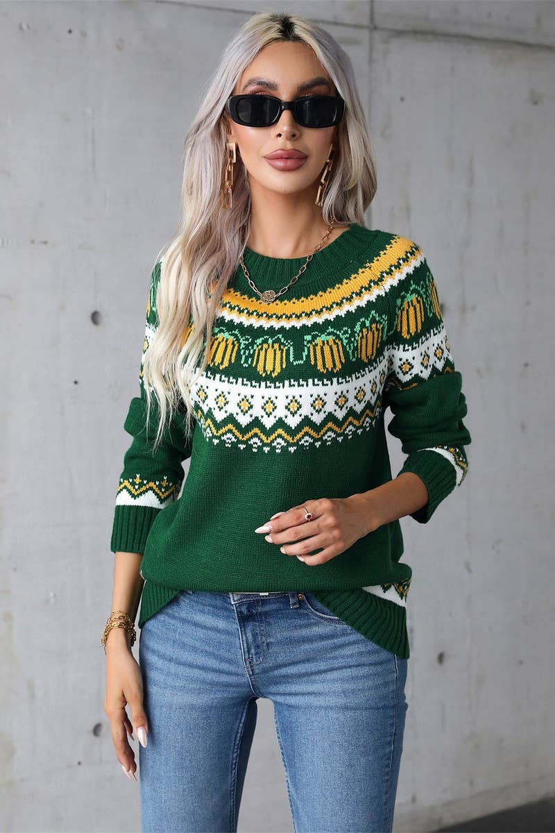 CWOSWL5755_HALLOWEEN CREW NECK FESTIVE KNIT SWEATER