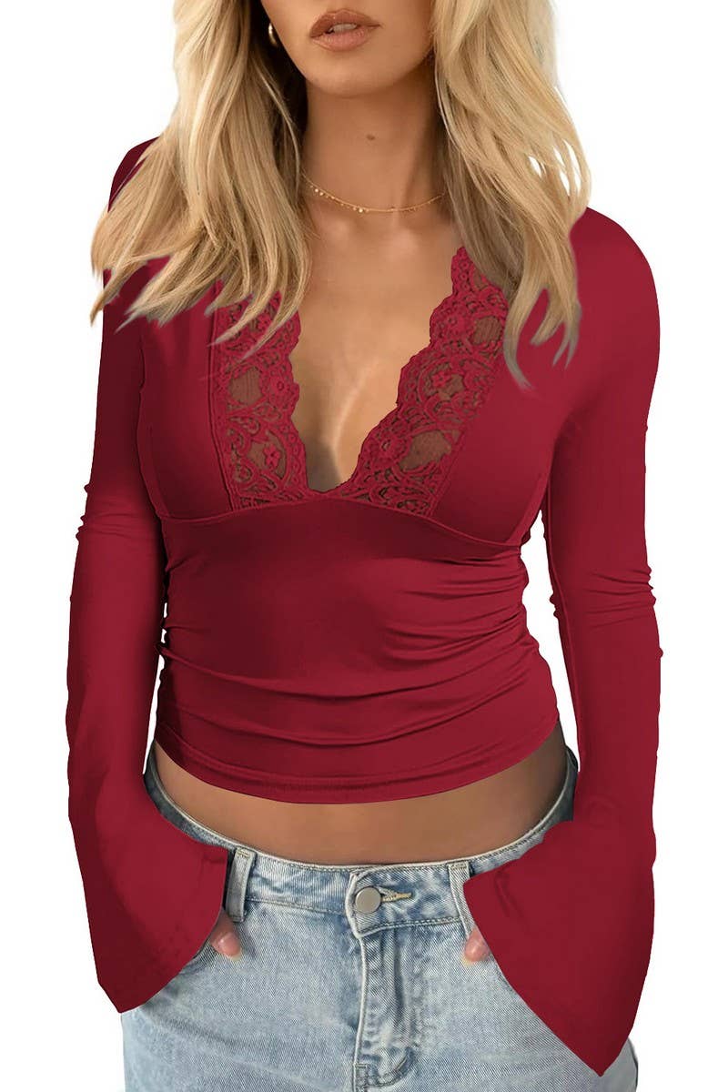 CWTBLL3700_V-NECK LACE STITCHING LONGSLEEVED BOTTOMING SHIRT