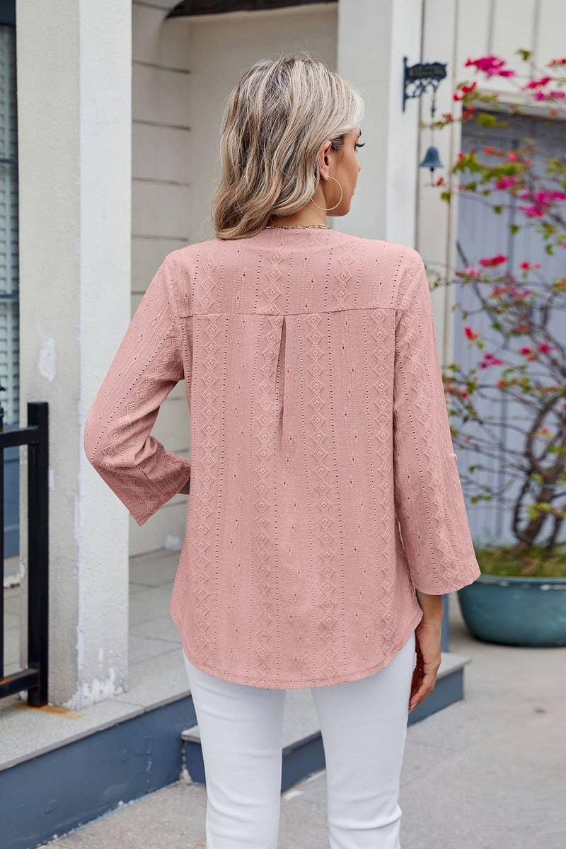 CWTBLS1721_SOLID COLOR V-NECK THREE-QUARTER SLEEVE TOP