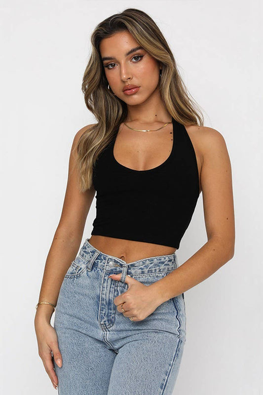 CWTTK0822_V-NECK SLIM BACKLESS HALTER NECK SHORT VEST