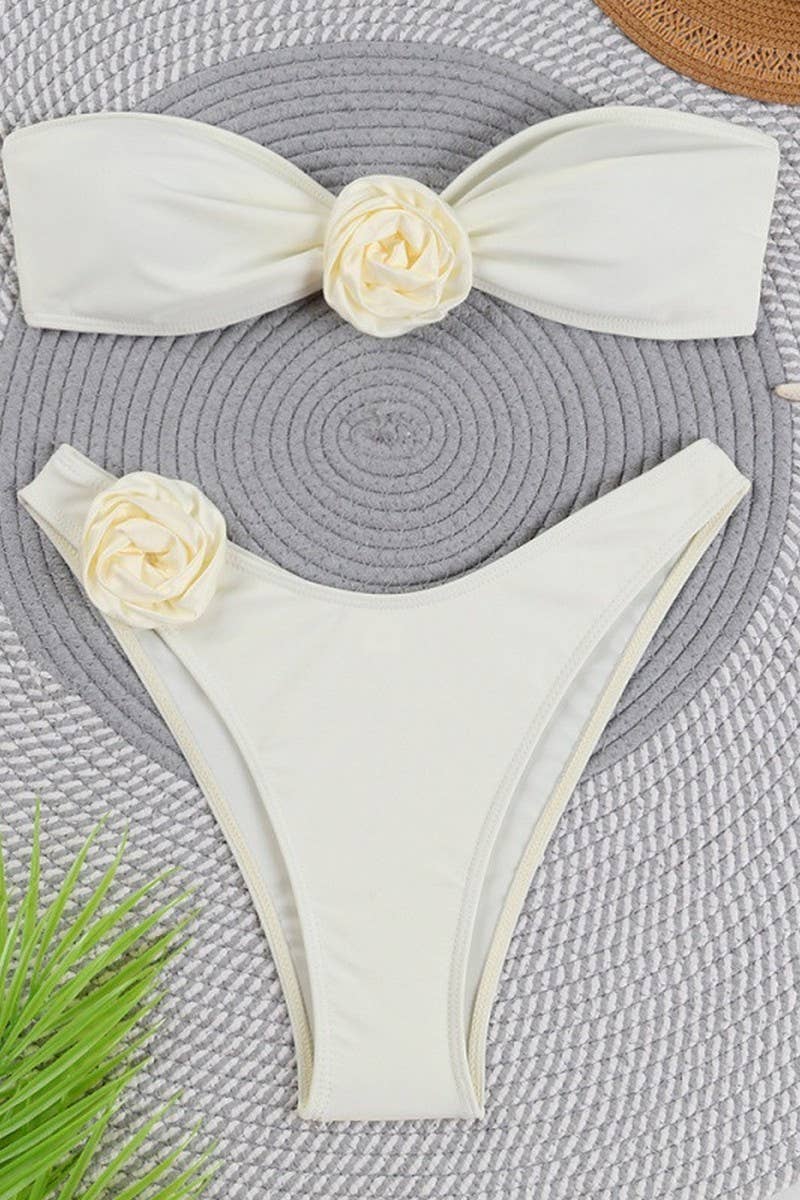 CWMW0874_SOLID COLOR 3D FLOWER BIKINI TWO-PIECE SWIMSUIT