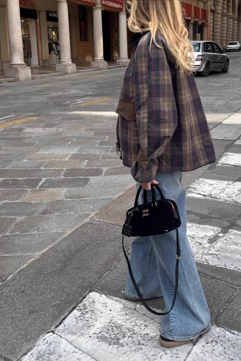 CWOCO0970_VINTAGE PLAID FUR COLLAR QUILTED ZIP-UP JACKET