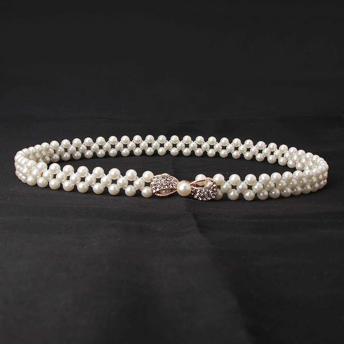 PEARL WOVEN ELASTIC BELT RHINESTONE ALLOY BUCKLES_CWABE0395