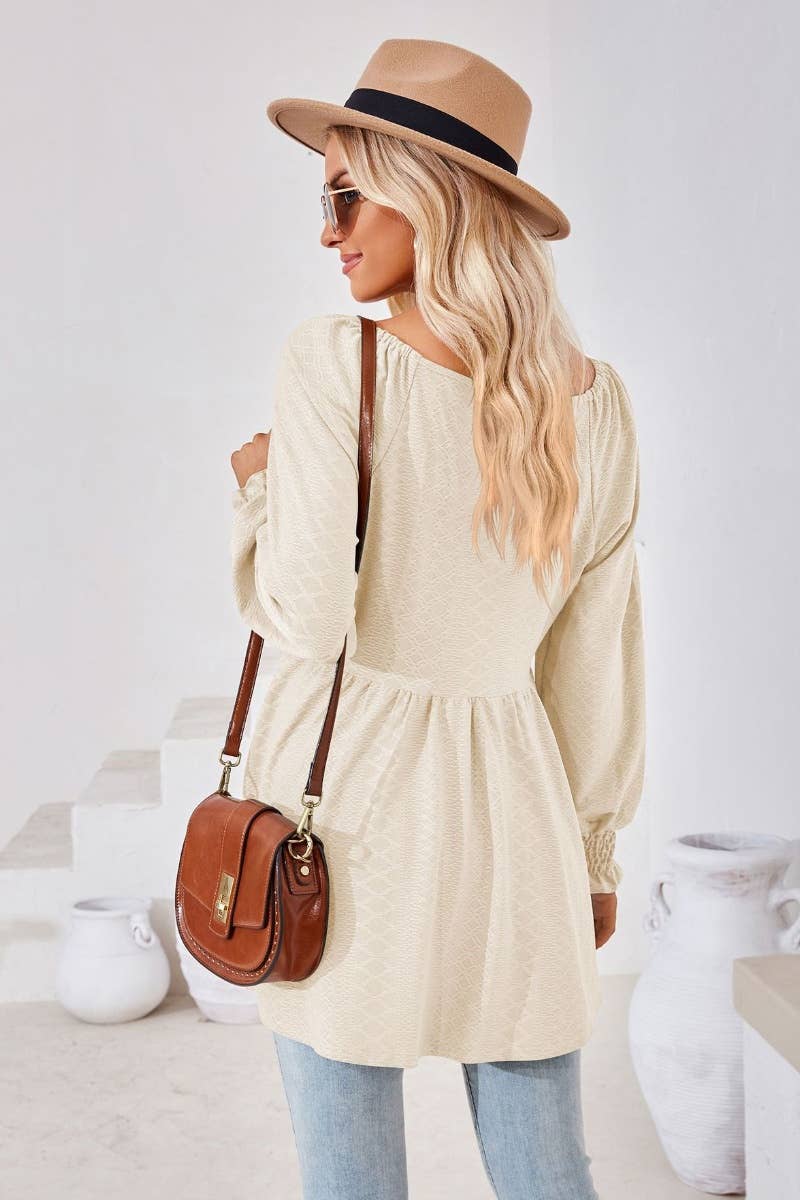 CWTBLL2817_SOLID COLOR PATCHWORK LONG-SLEEVED TUNIC