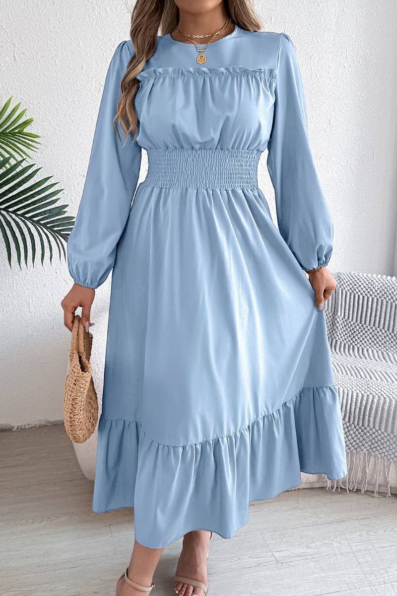 CWDMD6024_SOLID ELEGANT RUFFLE WAIST PLEATED MAXI DRESS