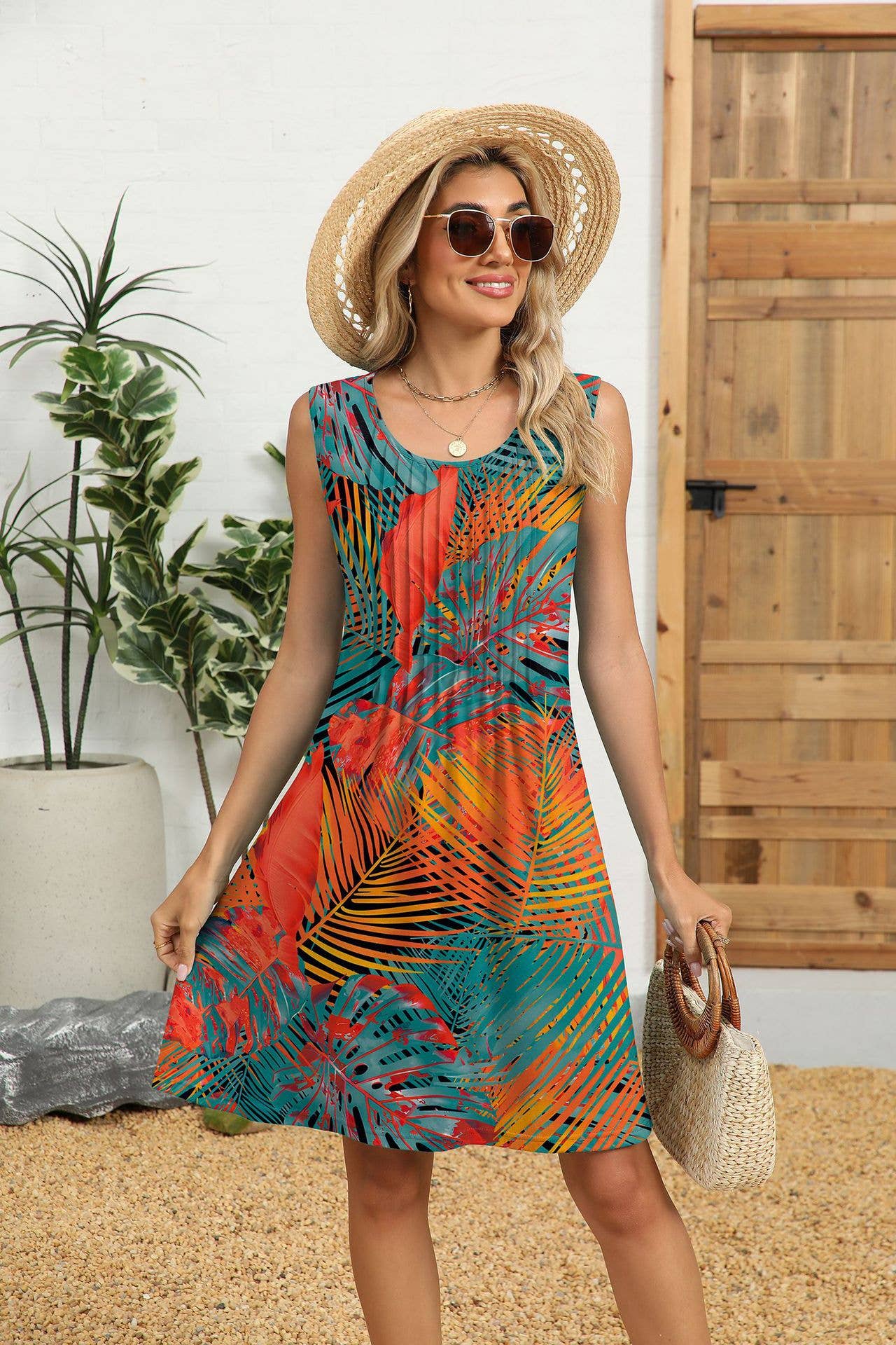 Crew-neck loose print tank top dress with pockets