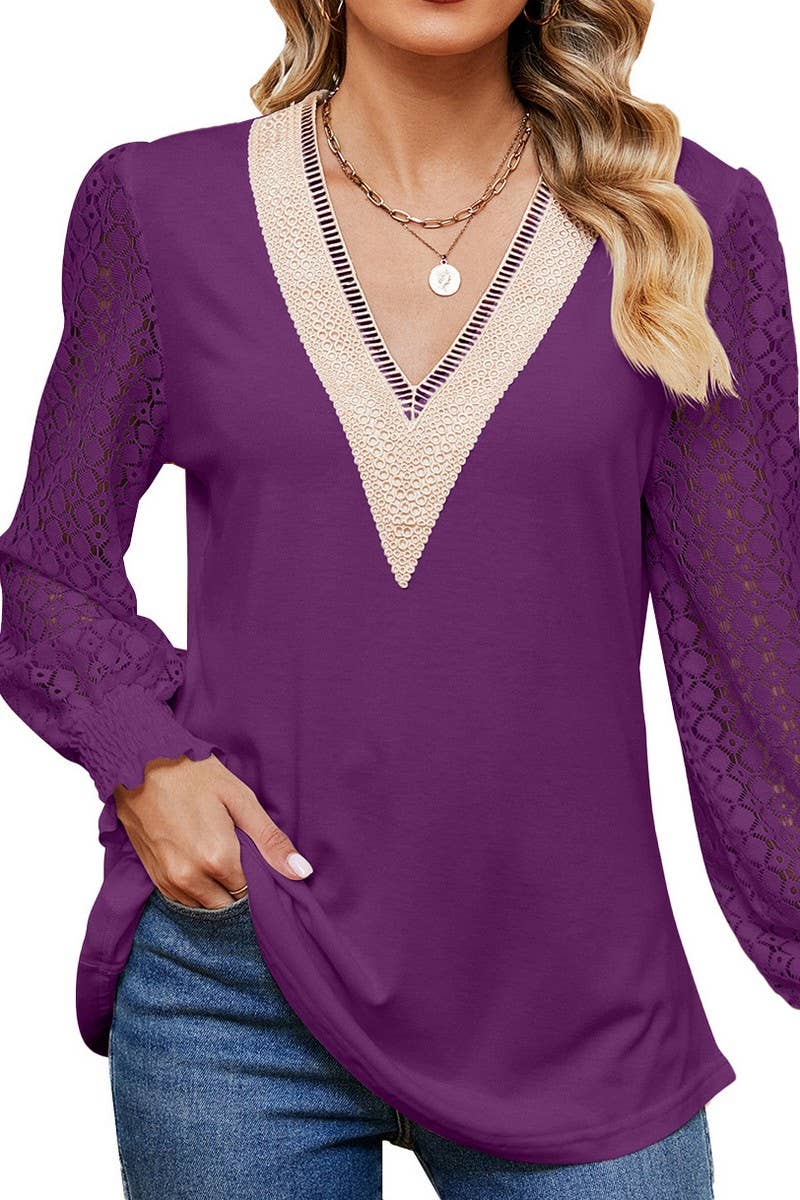 CWTBLL3665_V-NECK LACE PATCHWORK LONG SLEEVED LOOSE TOP