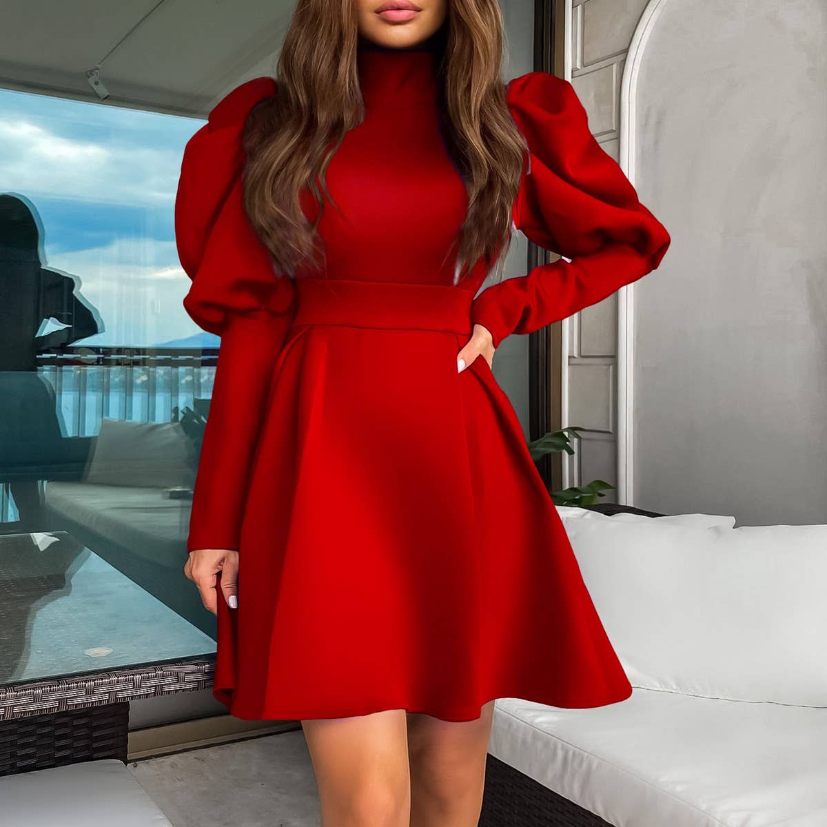 TEMPERAMENT HIGH COLLAR SLIM WAIST A-LINE DRESS