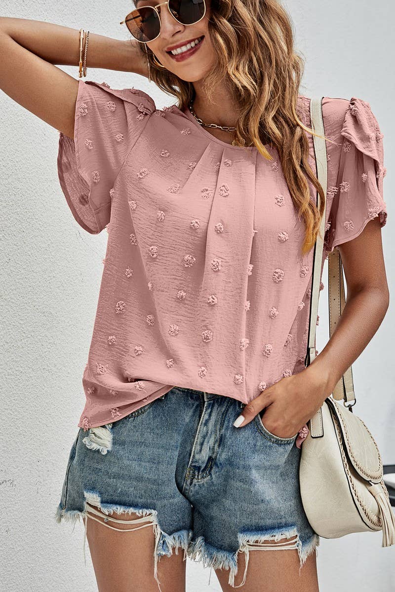 CWTBLS0342_Round neck Short Puff Sleeve Blouse