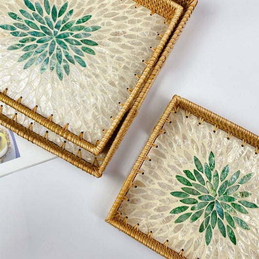 RATTAN WOVEN COLORFUL SHELL TEA TRAY FRUIT TRAY_CWMM4488