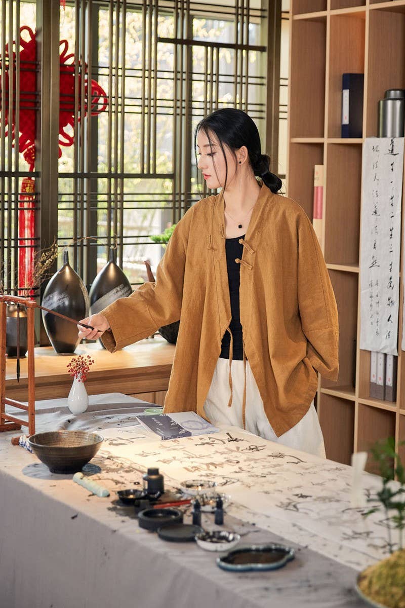 CWOCO0906_RAMIE STAND COLLAR TIE RETRO SHORT CARDIGAN COATS