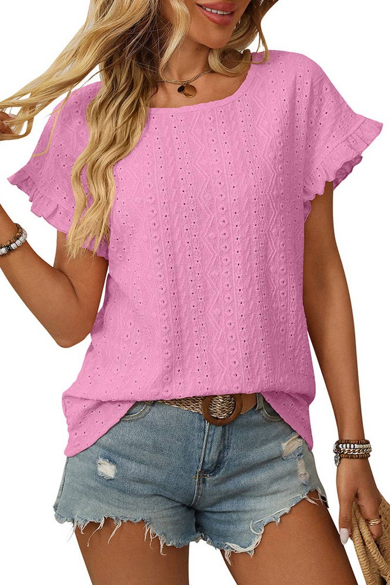 CWTBLS1710_SOLID COLOR ROUND NECK SHORT SLEEVE HOLLOW TOP