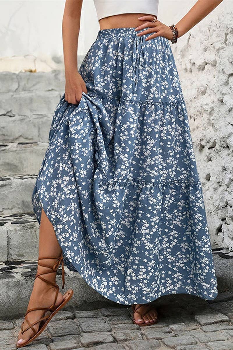 CWBLS0437_SMALL FLORAL BELT THREE-LAYER PATCHWORK LONG SKIRT