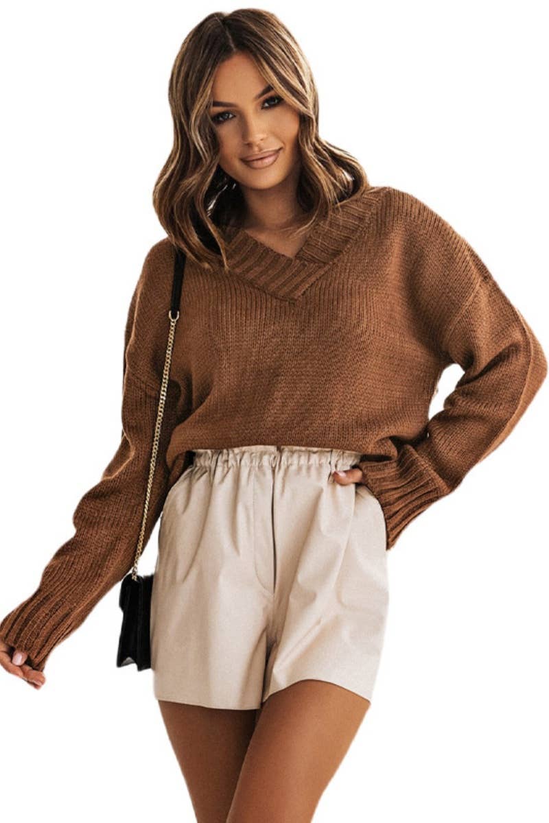 CWOSWL6719_SOLID COLOR V-NECK LONG-SLEEVED SWEATER