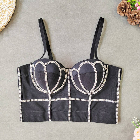 SOLID COLOR RHINESTONE MESH HERRINGBONE CORSET_CWMM4239