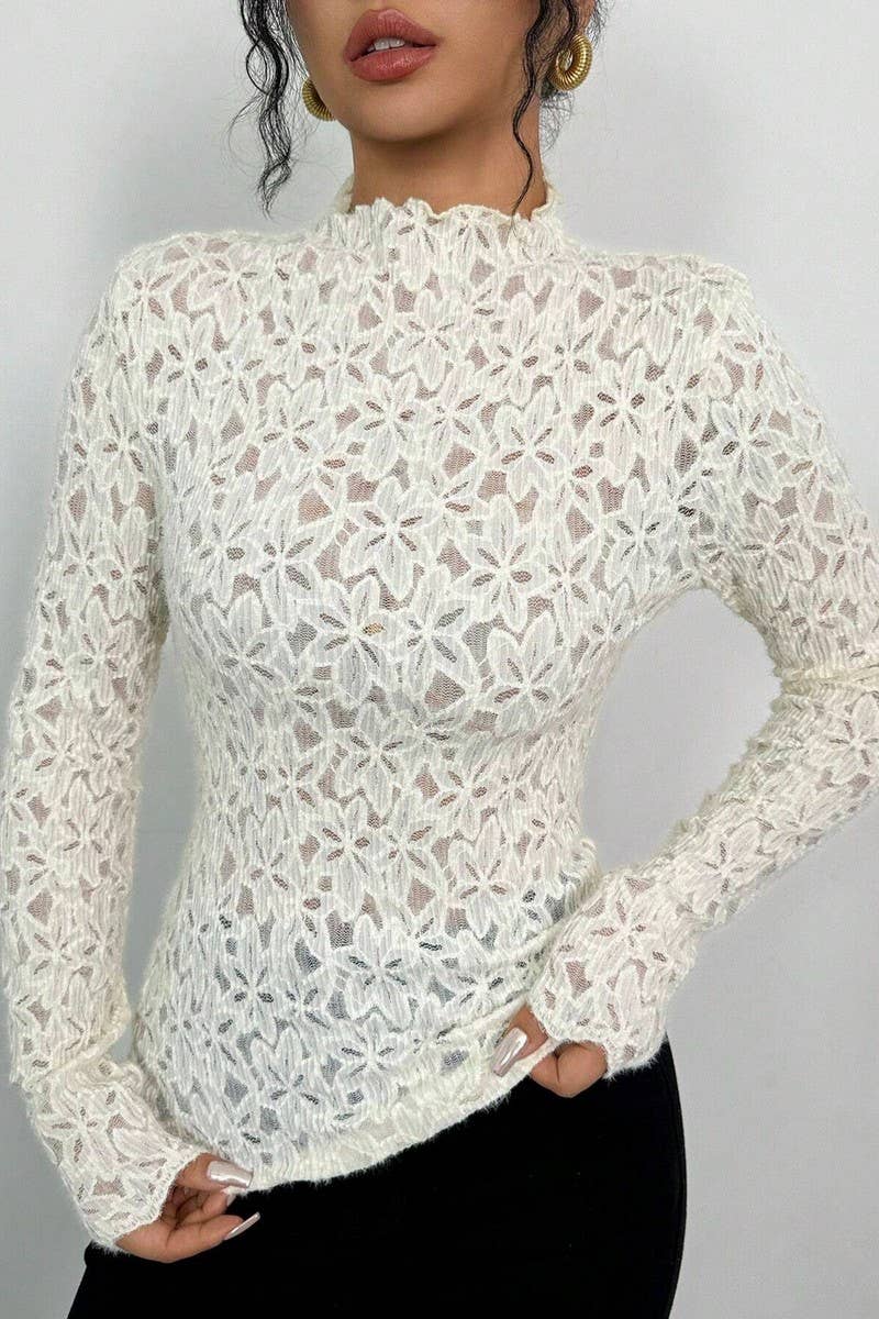 CWTBLL3915_LACE LETTUCE EDGE MOCK NECK SLIM FIT TEE