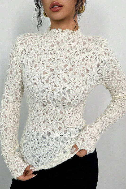 CWTBLL3915_LACE LETTUCE EDGE MOCK NECK SLIM FIT TEE