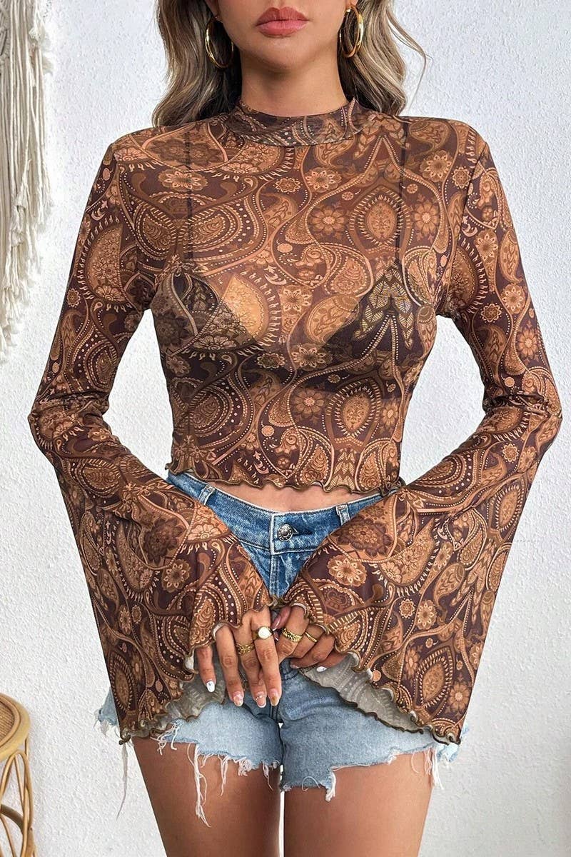 CWTBLL3925_MESH PRINT BELL SLEEVE LONG SLEEVE CREW NECK TOP