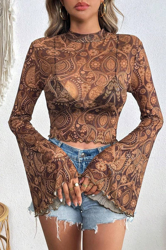 CWTBLL3925_MESH PRINT BELL SLEEVE LONG SLEEVE CREW NECK TOP