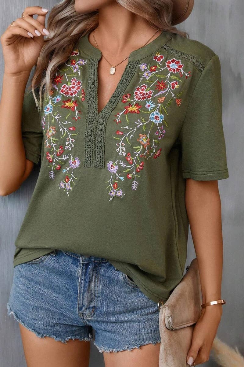 CWTBLS1118_EMBROIDERY PATCHWORK LACE LACE SHORT SLEEVE TOP