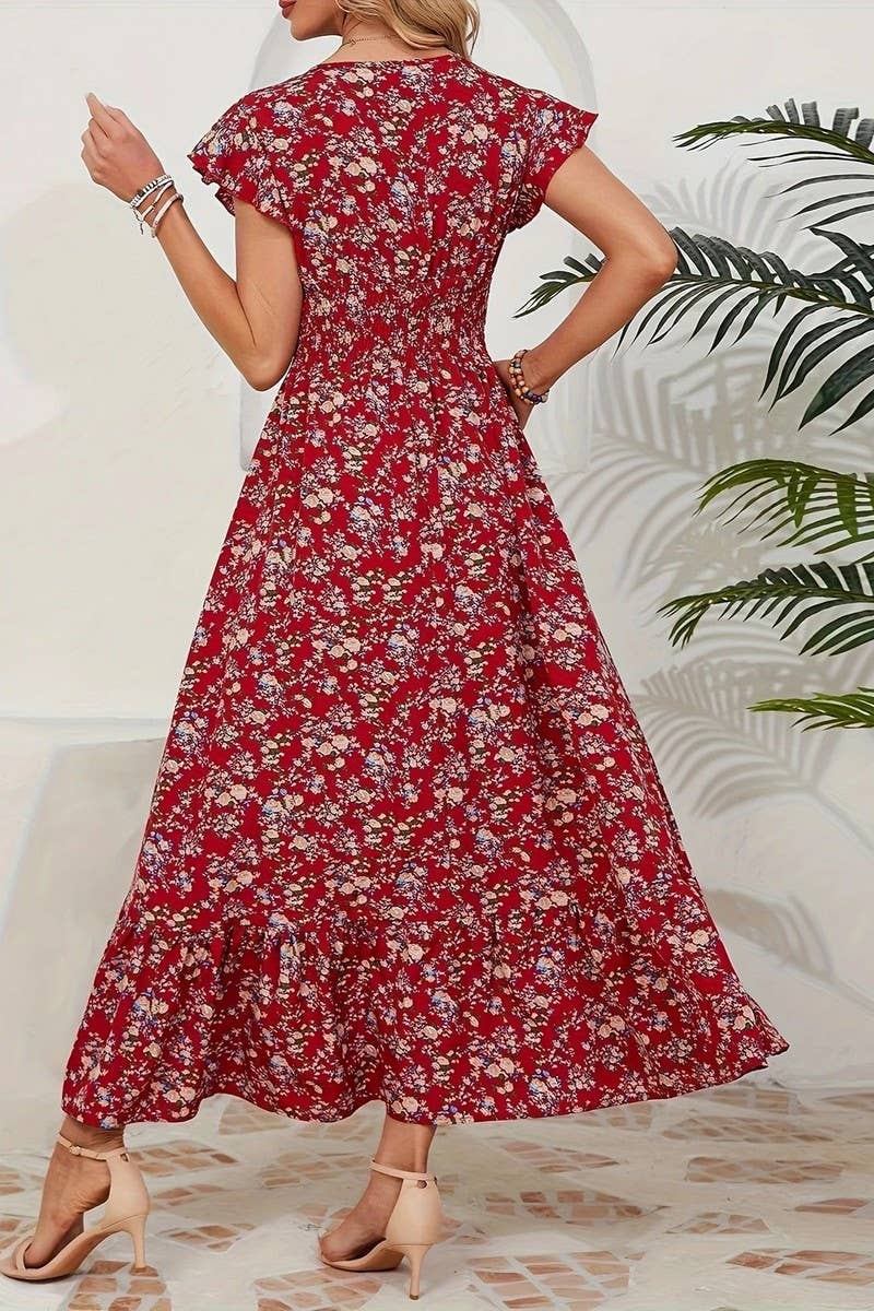 CWDMD6114_V-NECK FLORAL FRENCH STYLE SHORT SLEEVE DRESS