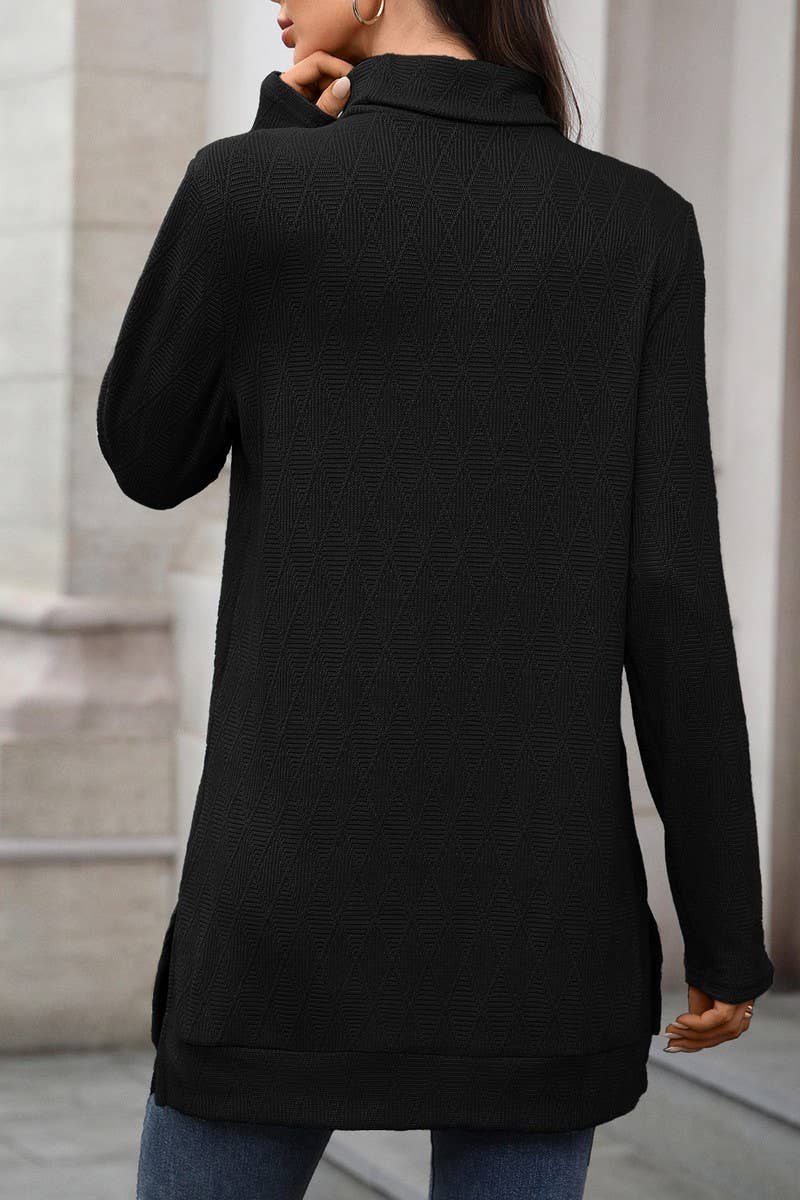 CWTBLL01289_HIGH NECK SOLID KNIT SPLIT HEM LONG SLEEVE TOP