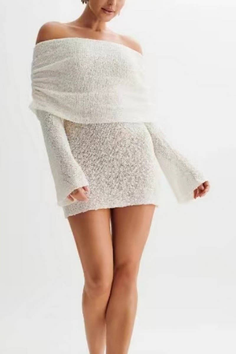 CWDSD7812_SHEER LONG SLEEVE ONE SHOULDER SHORT DRESS