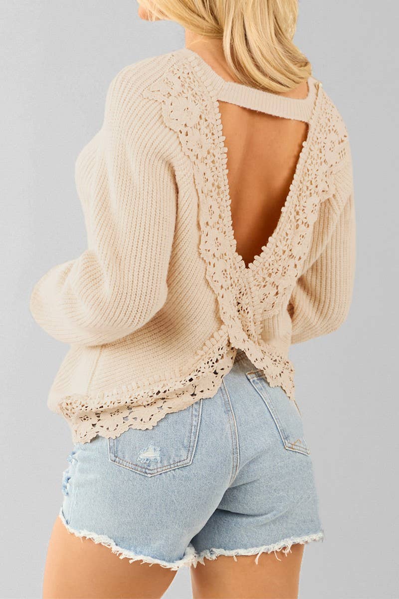 CWOSWL07420_SEXY LACE BACK KNIT LONG SLEEVE SWEATER