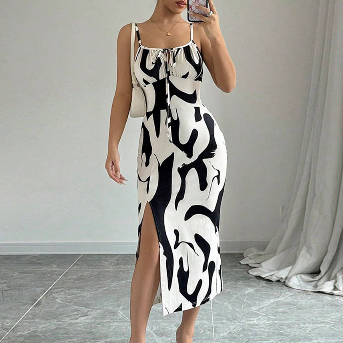 Chic Cow Print Sleeveless Midi Dress with Straps